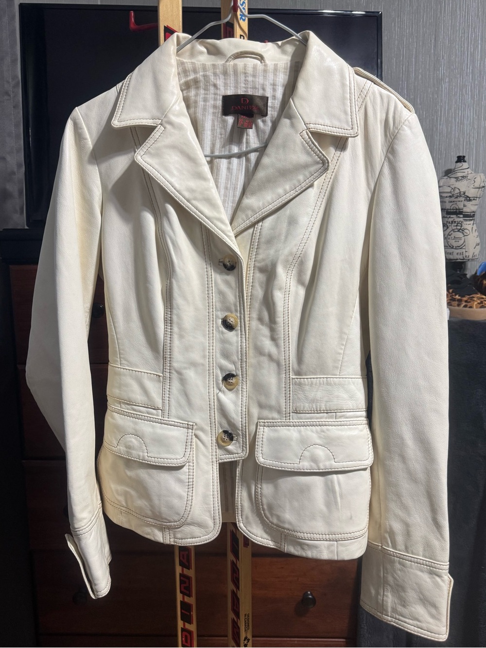 Danier Cream Genuine Leather Blazer Y2K Tailored Jacket XS